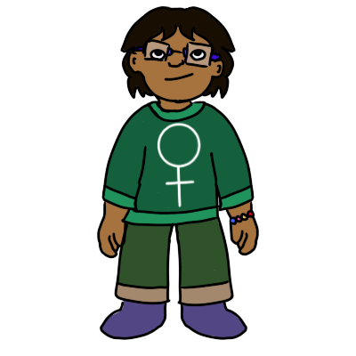 a child with brown skin, glasses, and straight black hair that goes to around her neck. she's wearing a colorful bracelet, purple shoes, green pants, and a green shirt with a venus/'female' symbol on it.